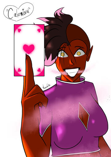 Calemiora, Former Villain Dark red skinned woman with a large grin, yellow eyes with heart contacts, spikey and wavy hair on right side of head, other side shaved, wearing purple top with breast window. Holding card with heart, pink mist surrounding her. Calemiora belongs to me.