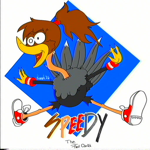 A 90's platformer mascot, like Bubsy. Brown feather head, yellow beak, red and white soft cuffs on wrists, dark grey neck plume and tail feathers, black feather body, red and white tennis shoes. Character belongs to Weasel the Mega.