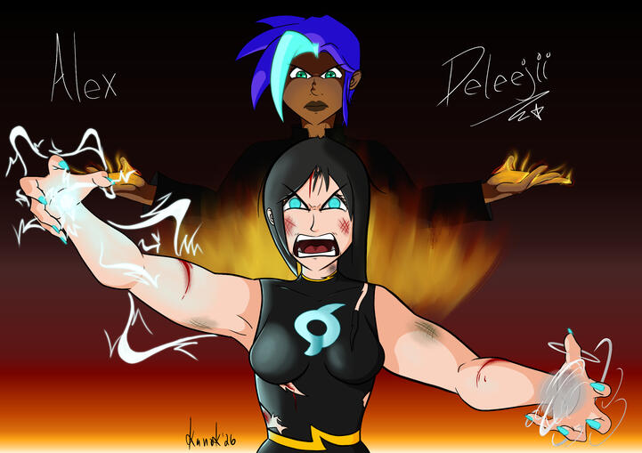 Two women using elemental abilities of Fire, Wind and Lightning. One is battered and bruised, the other behind her is helping. Alex (front) belongs to Maddie, Deleejii (back) belongs to me.