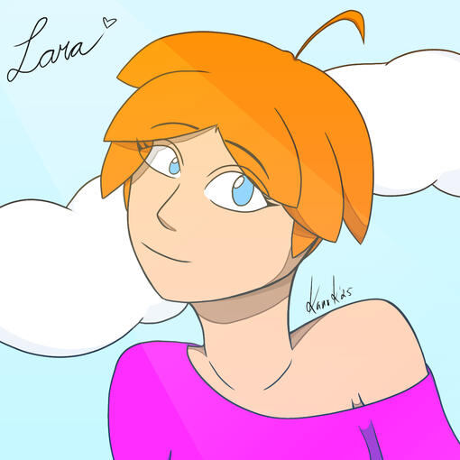 Lara: Lesbian Troublemaker Red headed girl with blue eyes, magenta shirt with one side hanging off body and shoulder, blue sky with white clouds and ray of sunshine coming down on her face. Lara belongs to me.