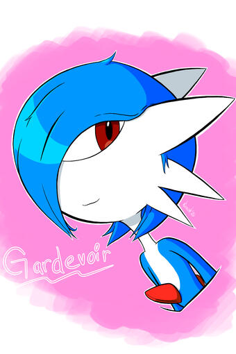 Fanart of a shiny Gardevoir, smiling, red eye, blue color in front of a pink background. Gardevoir belongs to GameFreak.