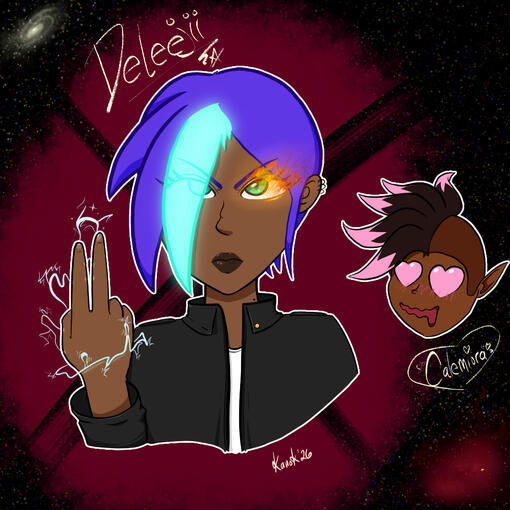 Deleejii's Admirer Black woman using lightning on her fingers and fire coming from her left eye, wearing black coat, white shirt. Face of admirer in the background, heart eyes, drooling, blushing. Both characters belong to me.